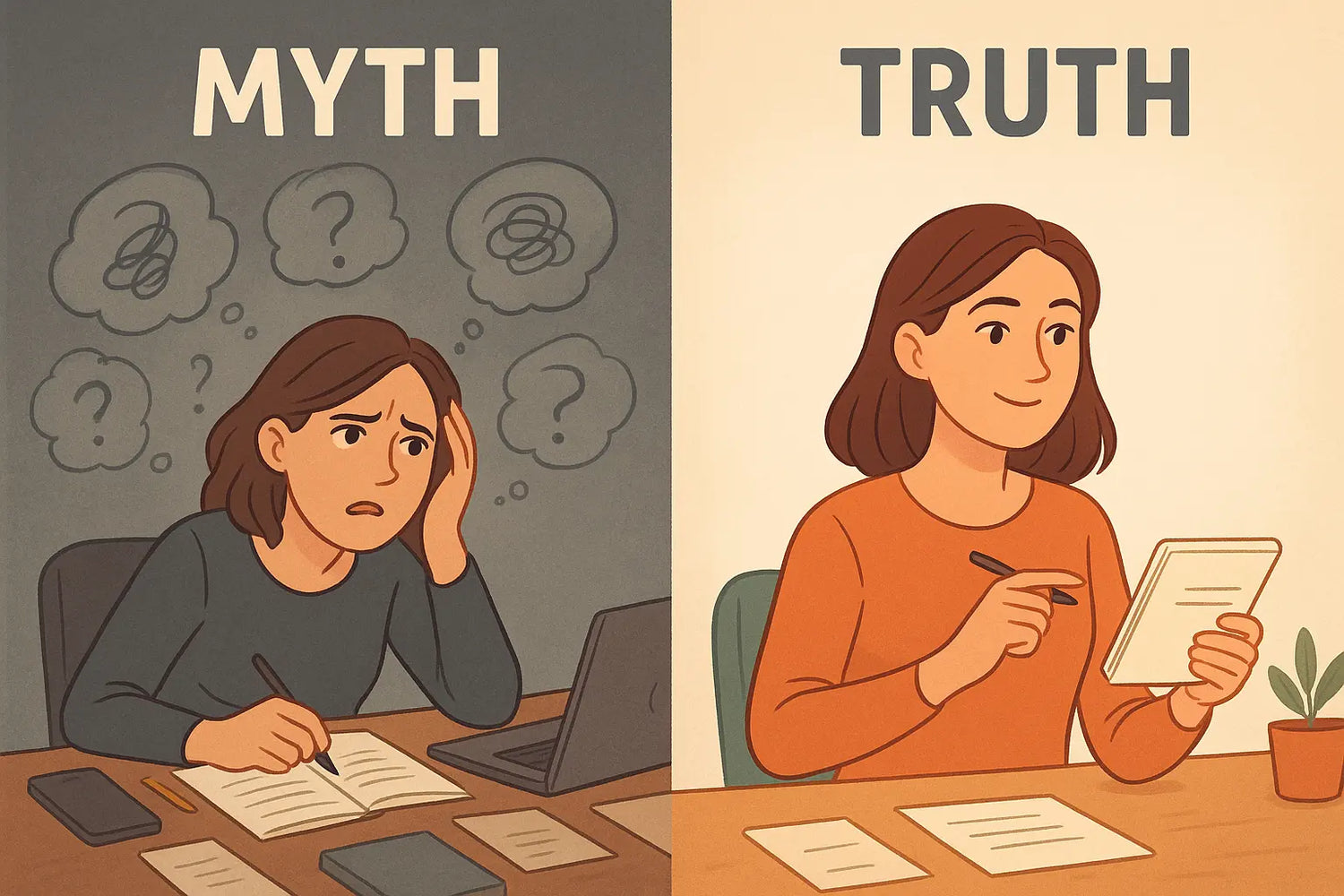 Side-by-side comparison showing confused woman with fuzzy thought bubbles versus confident woman reading clear notes in journal