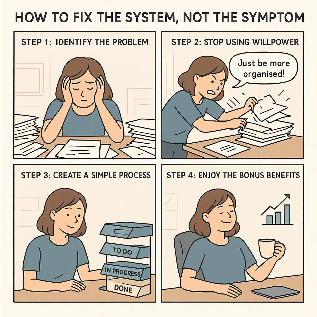 A four-panel comic showing a professional transforming from overwhelmed chaos to organised calm by creating a simple filing system.
