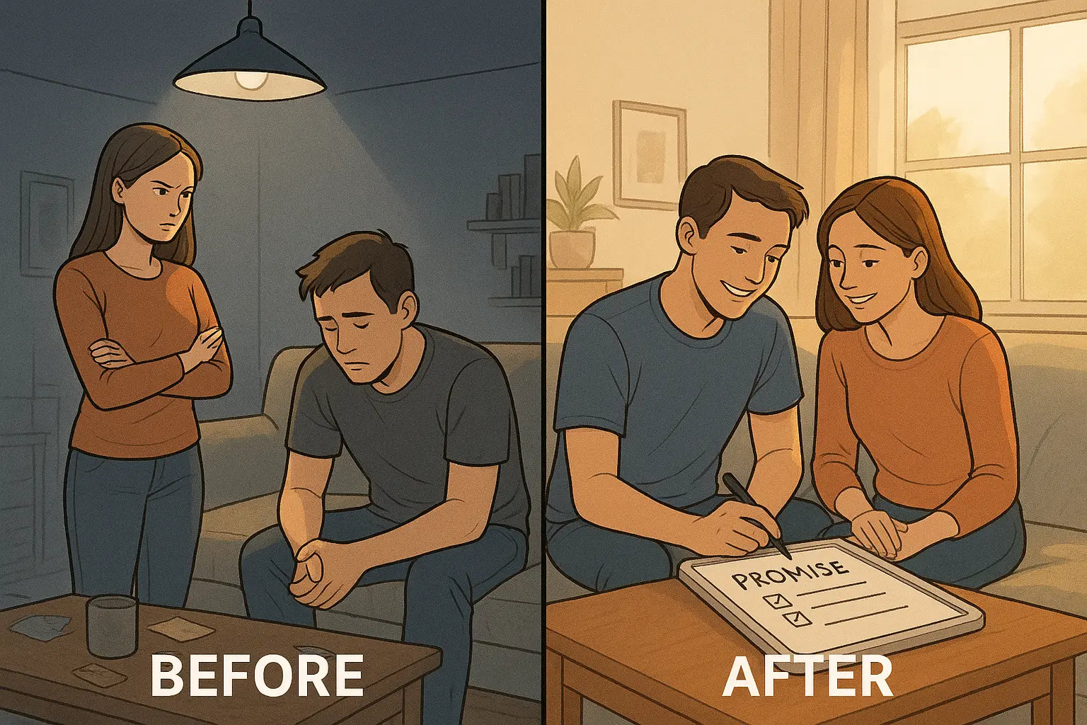 A couple transforms from frustrated distance to calm collaboration, planning together with a simple checklist system.