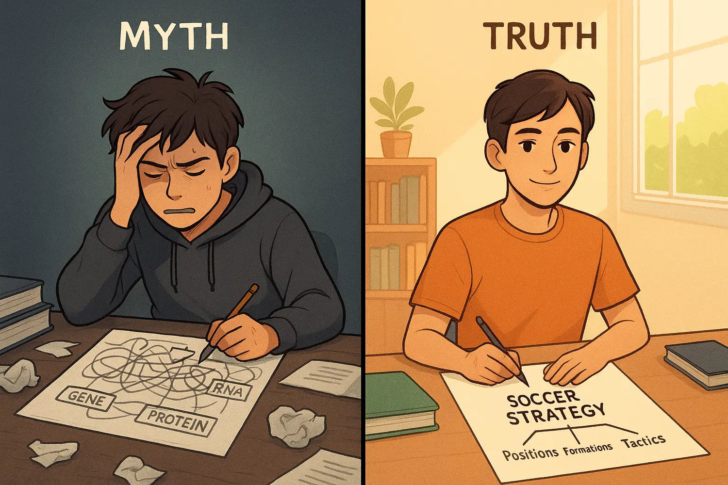 Student confidently creating a clear concept map about football strategy at an organised desk, contrasting with struggling to map complex biology.