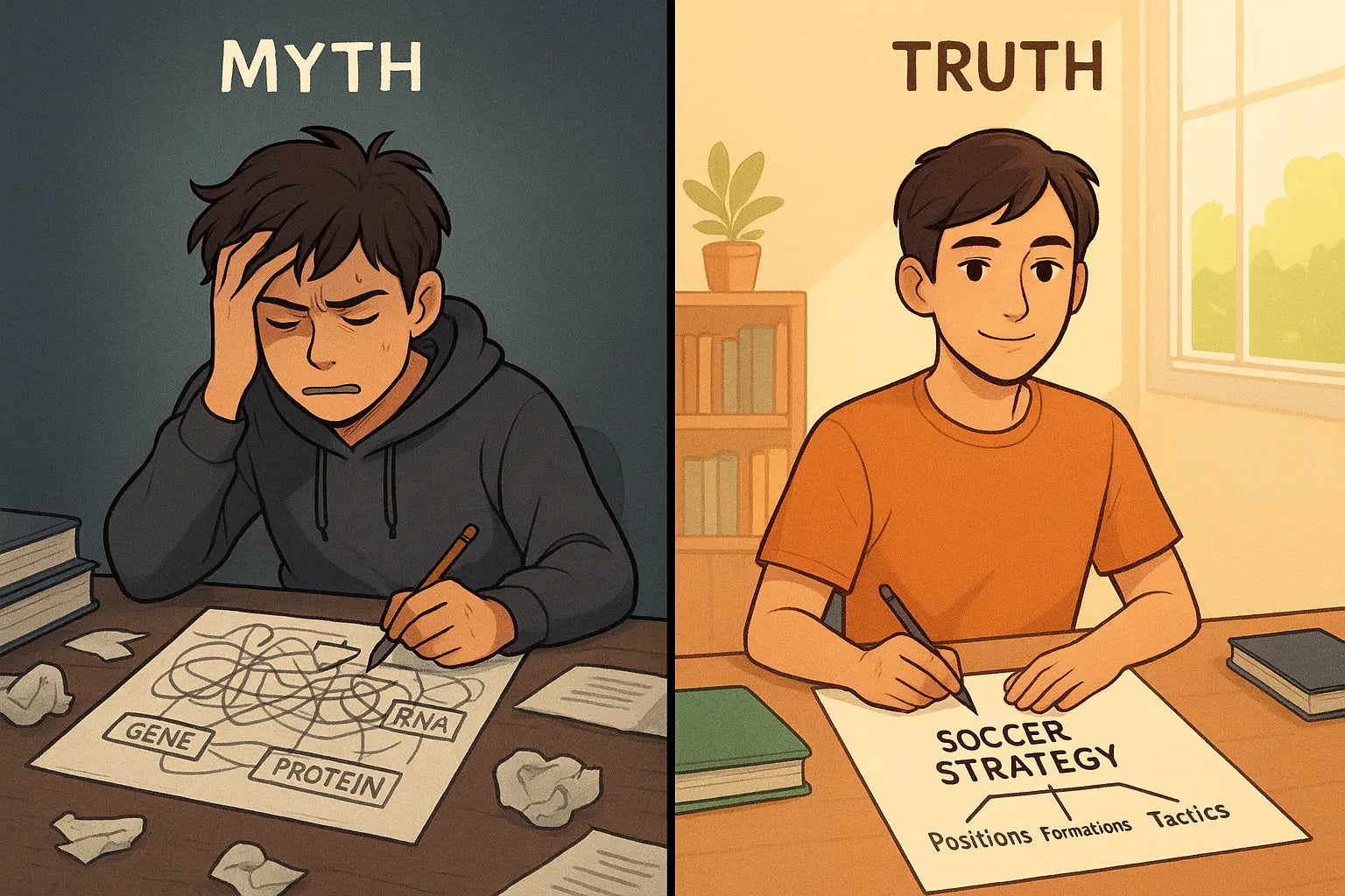 Student confidently creating a clear concept map about football strategy at an organised desk, contrasting with struggling to map complex biology.