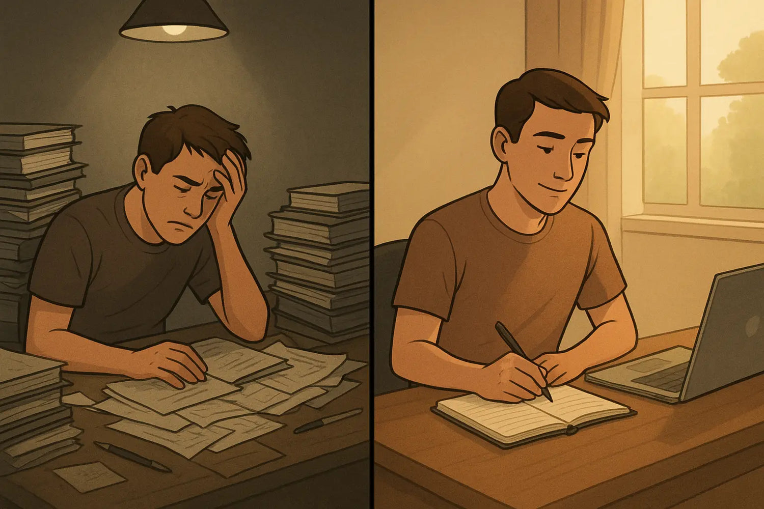 Split-panel illustration showing a student's transformation from a chaotic, cluttered desk to a calm, organised study space with focused attention.