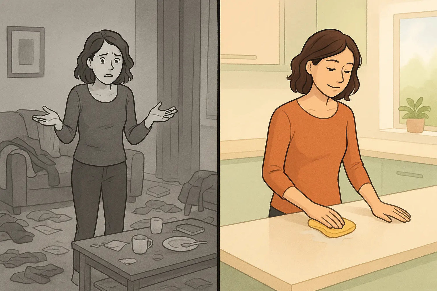 Side-by-side illustration showing a woman overwhelmed by a messy room versus calmly cleaning one counter, demonstrating task simplification