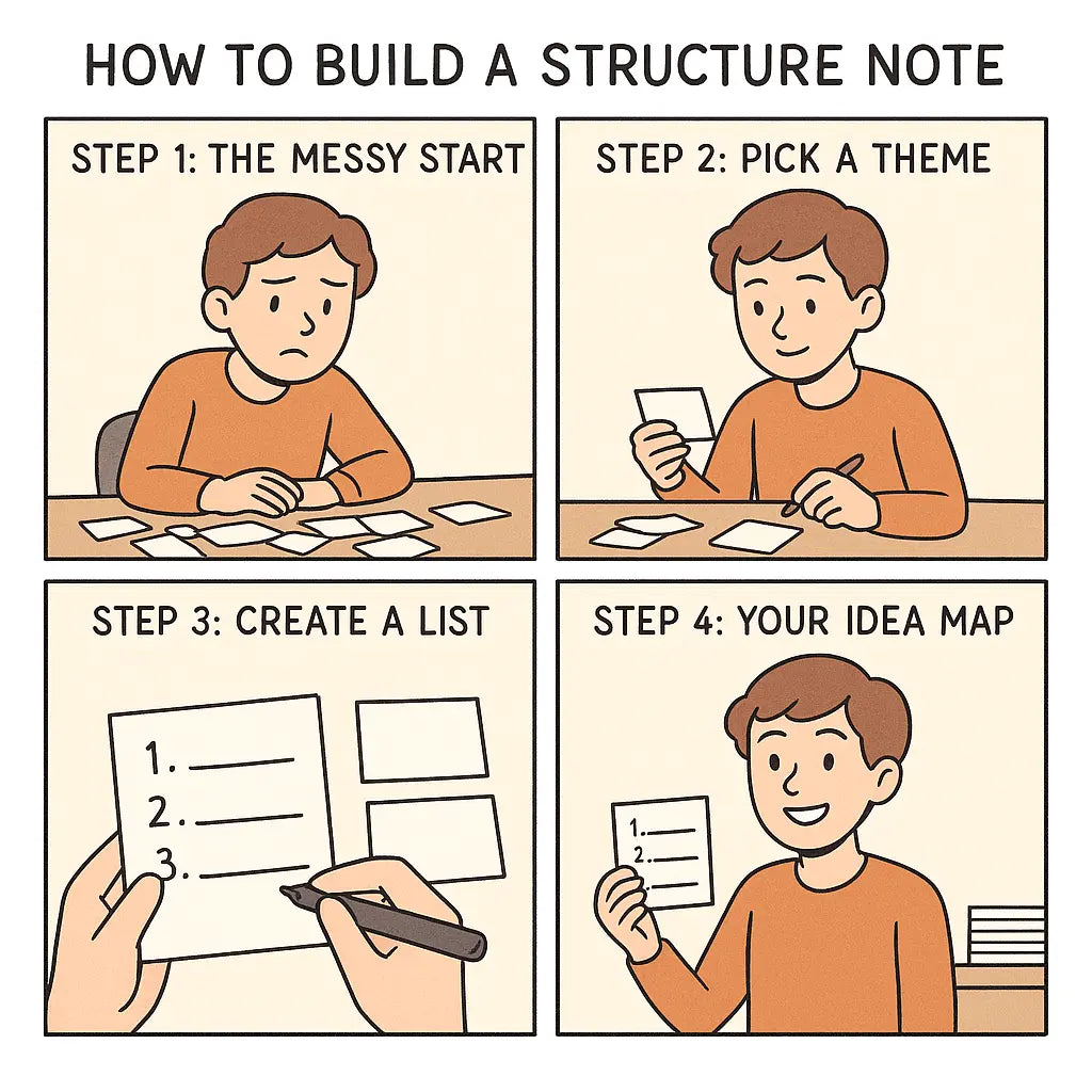 Four-panel comic showing a student transforming from overwhelmed by scattered notes to confidently organised using a structure note as a map.