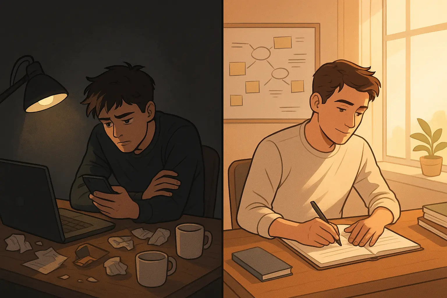 Split panel showing a young man's transformation from stressed procrastination at a messy desk to focused productivity in an organised, bright workspace.
