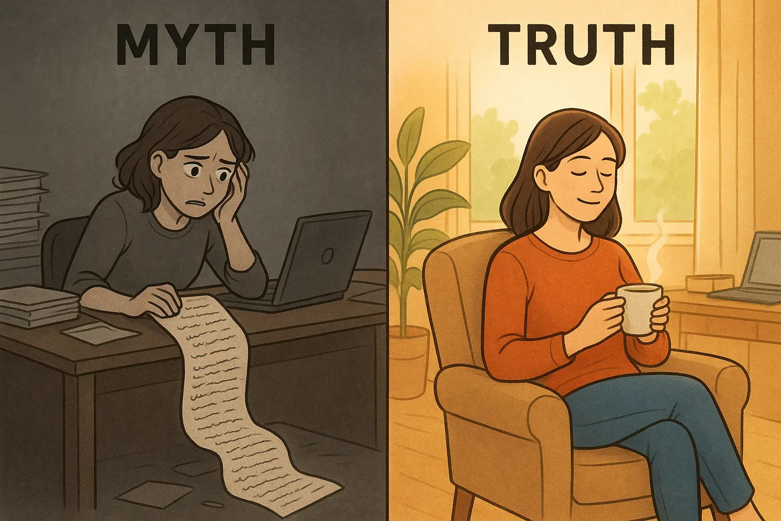 A woman transitions from guilt-ridden work stress to peaceful rest with tea, illustrating the power of intentional breaks.