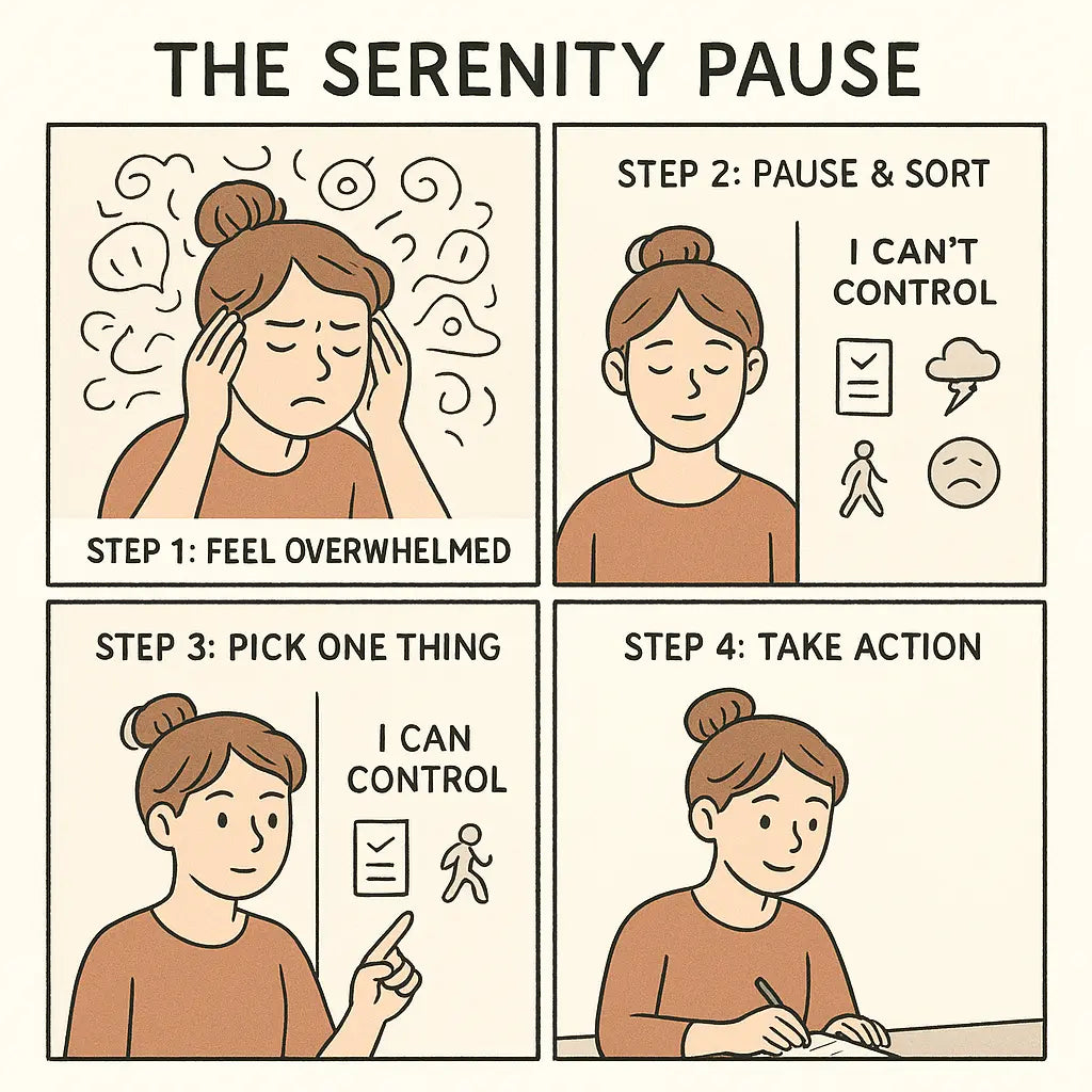 Four-panel comic showing a woman using the Serenity Pause to move from overwhelm to calm action by sorting worries and choosing one task