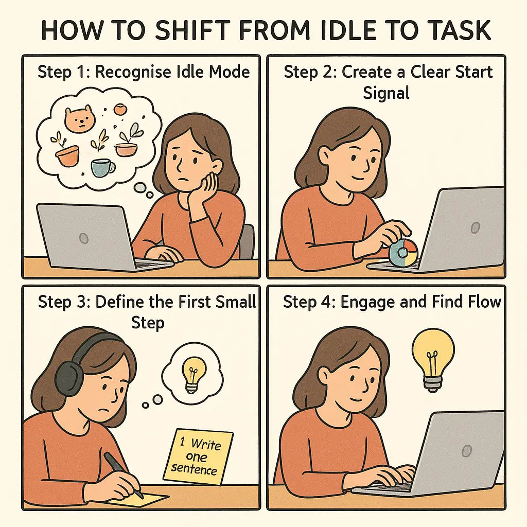 A four-panel comic strip showing a woman transitioning from a distracted state with a wandering mind to a focused work mode using simple productivity strategies.