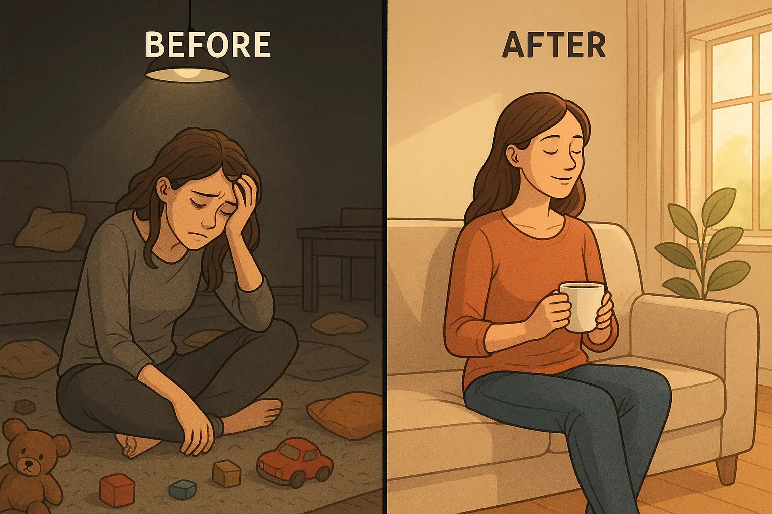 Split-panel illustration showing a mother's transformation from overwhelmed exhaustion in a cluttered room to peaceful calm with tea in an organised, sunlit space