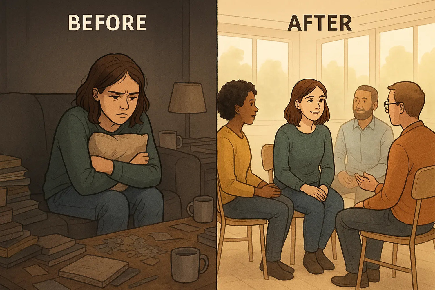Woman's transformation from isolated on cluttered sofa to connected in bright support group circle