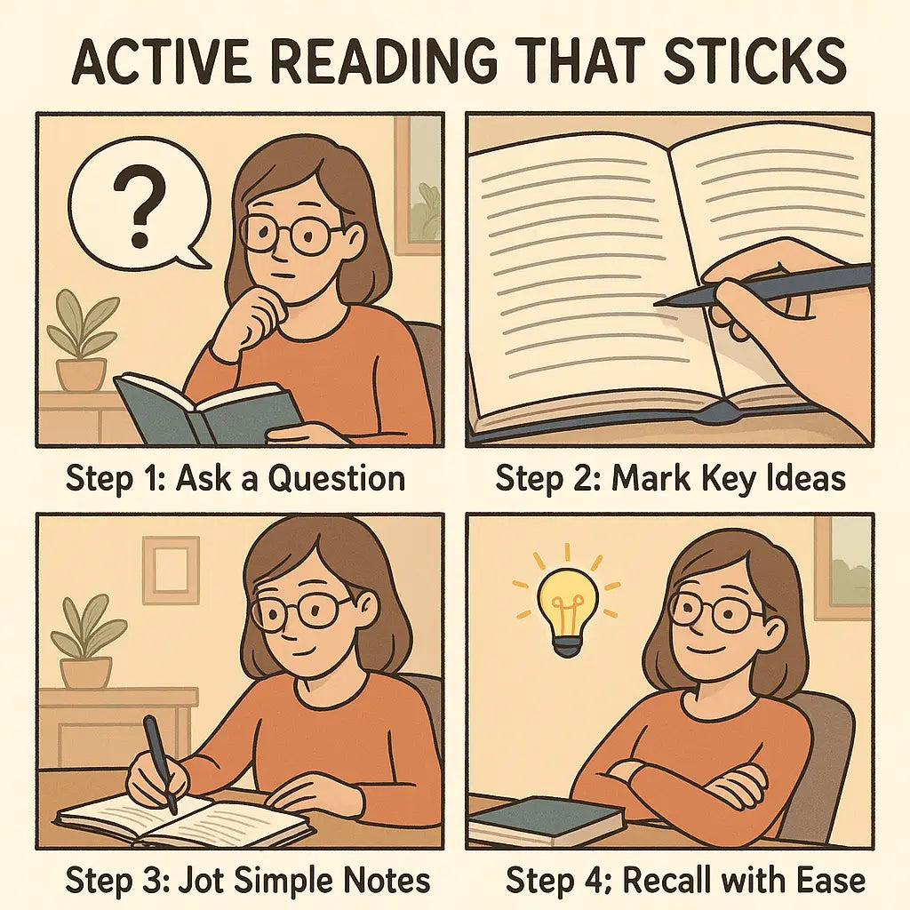 A young woman at a desk reading actively, marking key ideas in her book and taking simple notes in a cosy, well-lit study space.