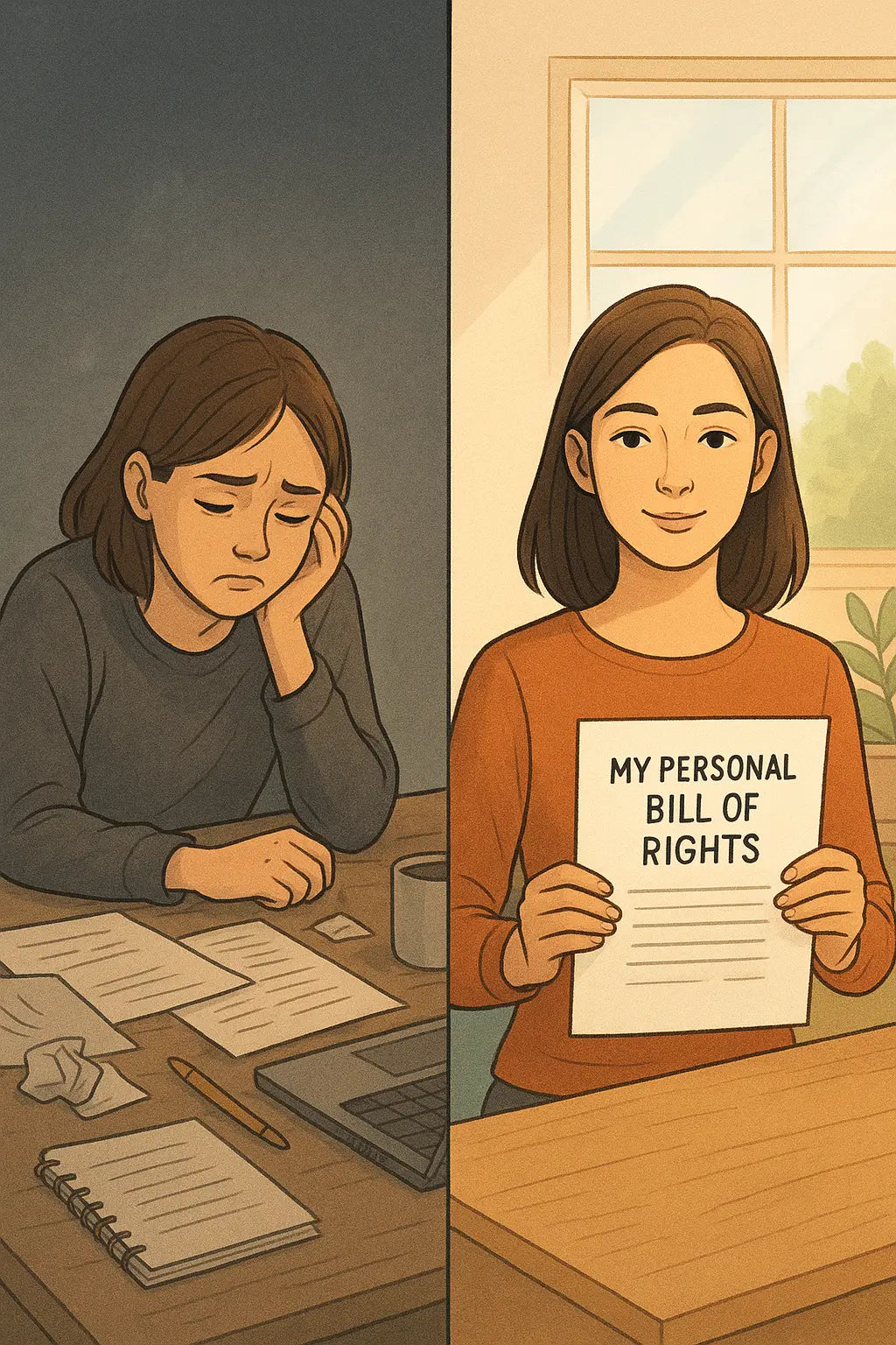 Woman at desk transforming from apologetic to confident whilst holding a personal bill of rights document