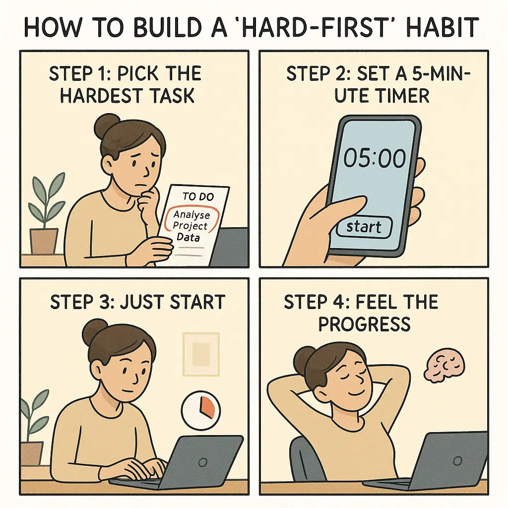 A four-panel comic showing a woman building a hard-first habit: identifying a tough task, setting a timer, working with focus, and celebrating progress.