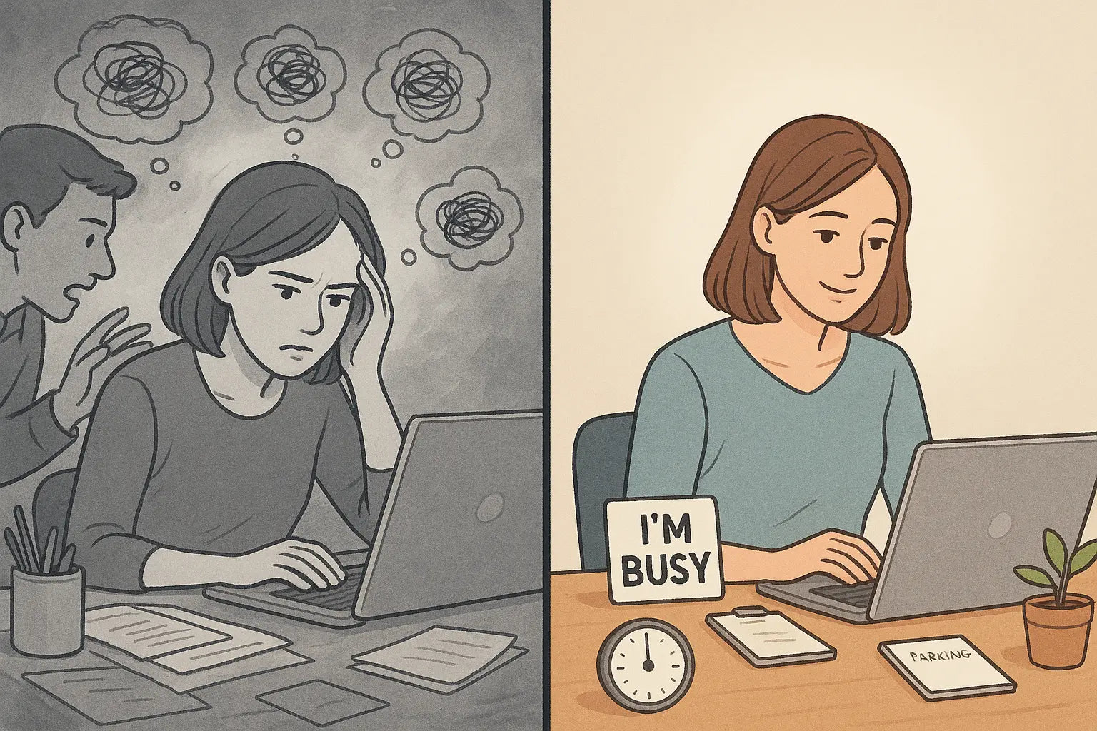 Split illustration showing stressed person in chaotic workspace versus calm person using focus tools like timer and notes in organised environment