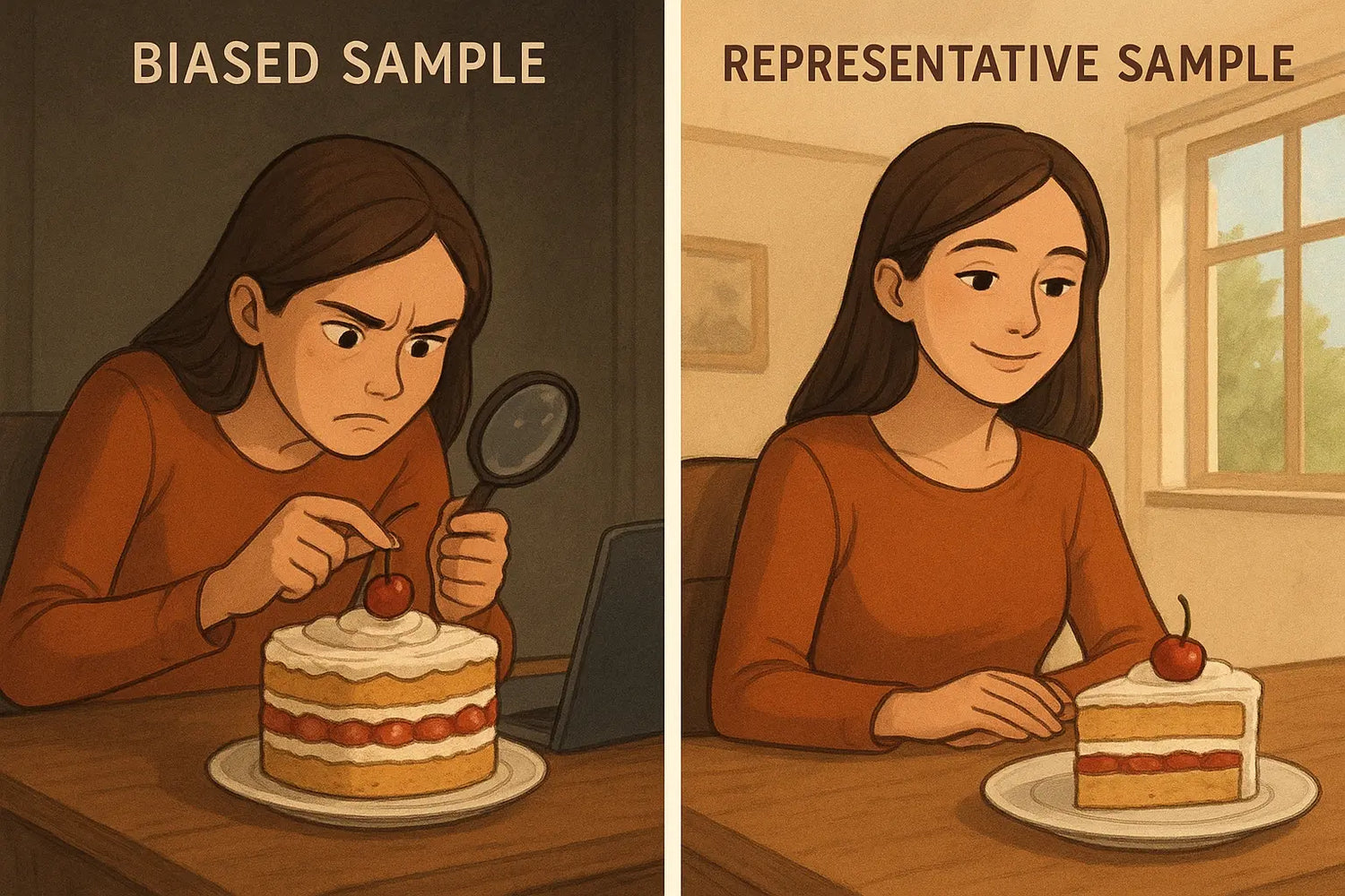 A student examining a single cherry versus a full cake slice, illustrating biased versus representative data samples.