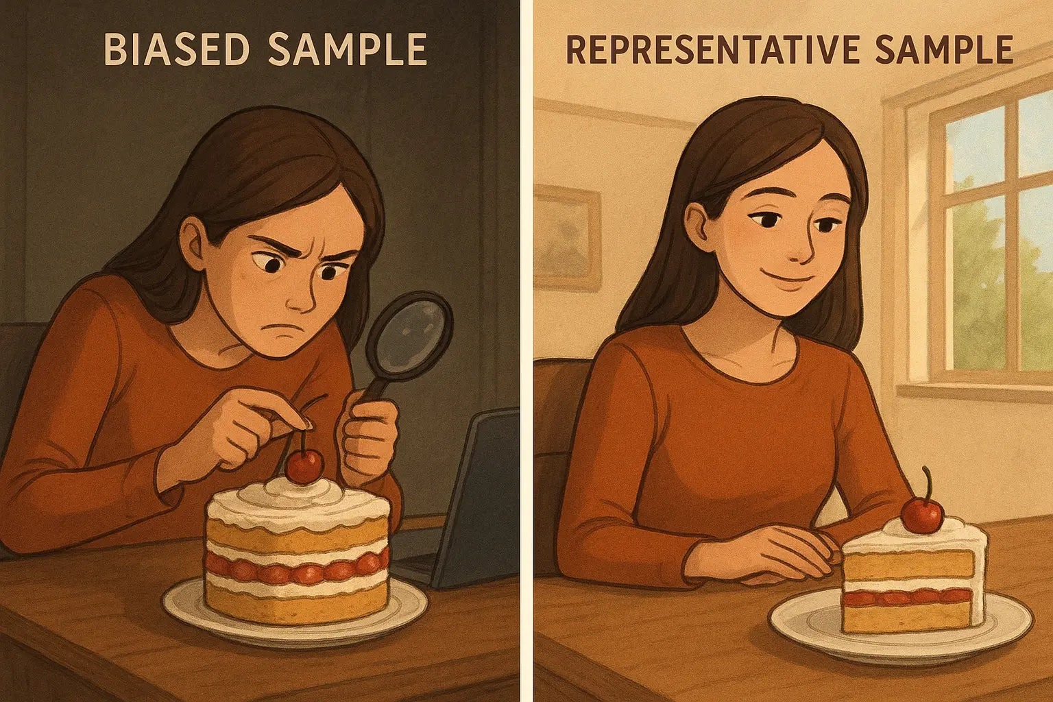A student examining a single cherry versus a full cake slice, illustrating biased versus representative data samples.
