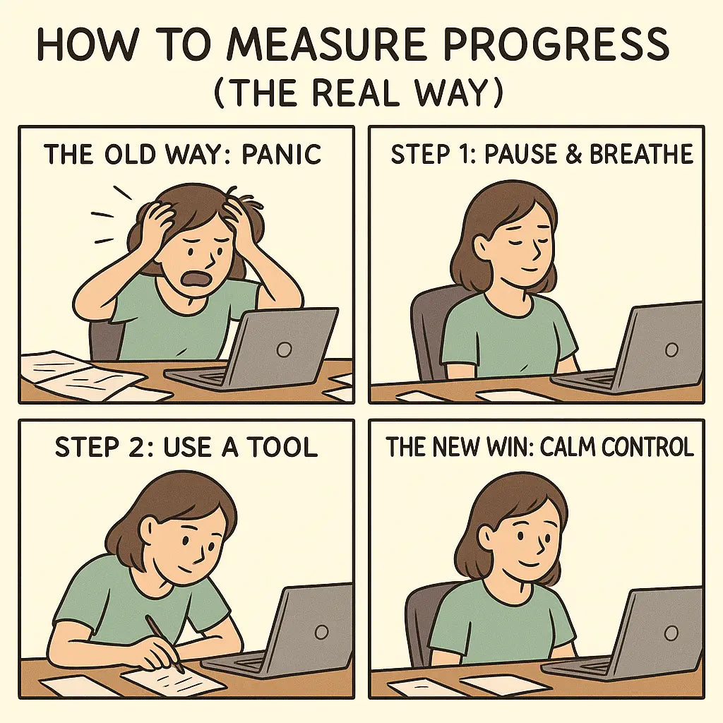 Four-panel comic showing a woman's journey from panic to calm control when handling mistakes, illustrating practical progress for neurodivergent minds.