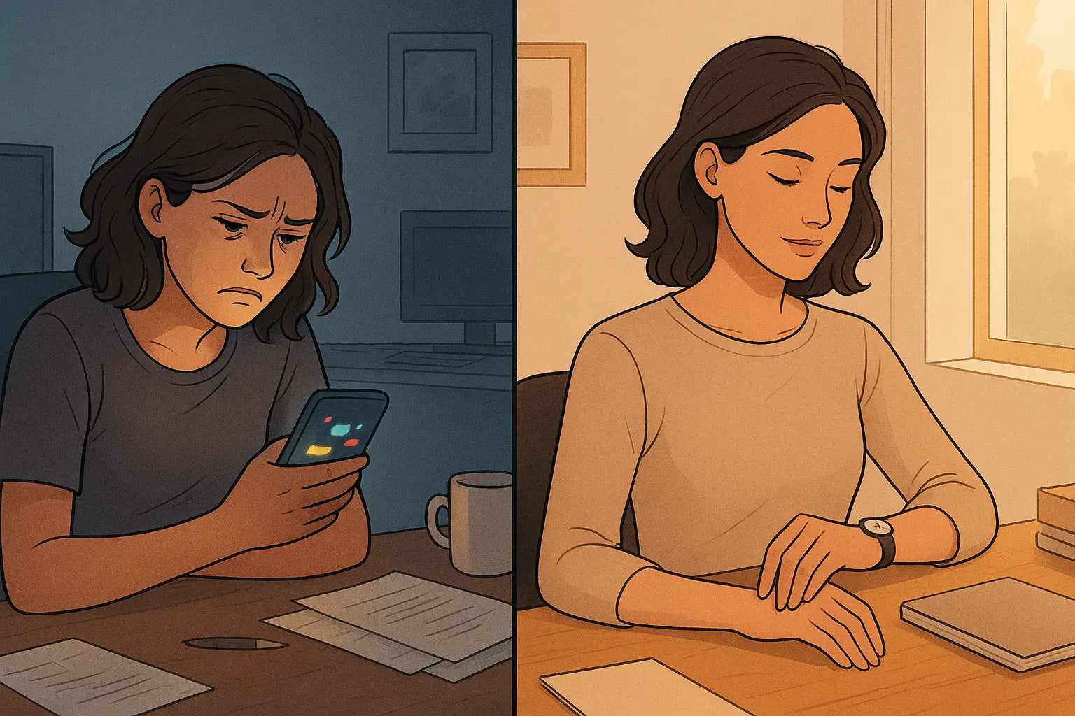 Split image showing a woman stressed by her phone before, then calm and focused checking her wristwatch after