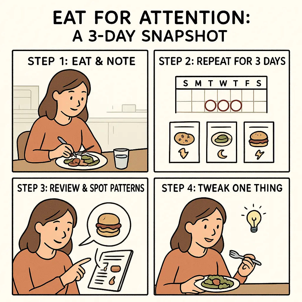 A four-panel comic strip showing a woman tracking her meals and energy for three days, reviewing patterns, and making a small dietary change that boosts her focus.