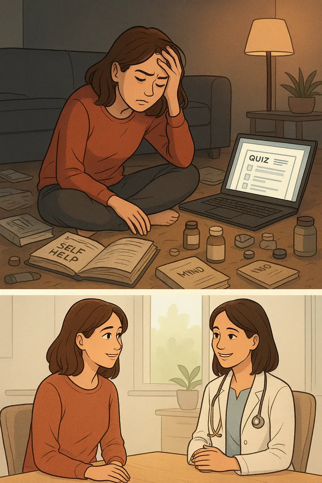 Woman transforming from overwhelmed at home to hopeful in doctor's office discussing attention support