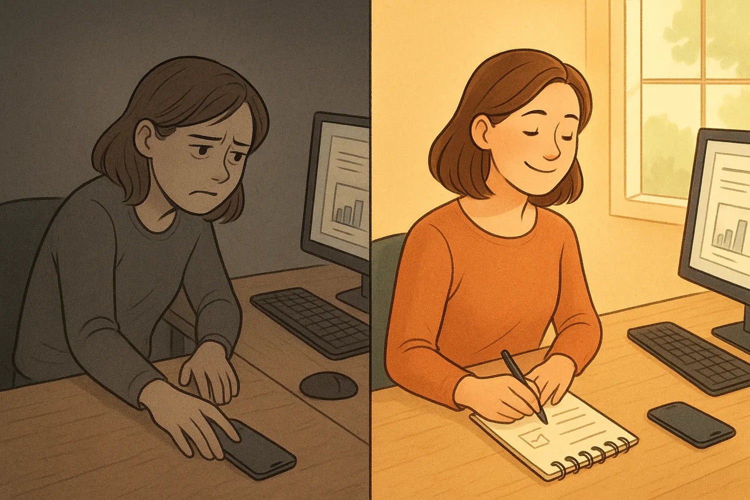 Side-by-side comparison showing a woman distracted by her phone versus focused on completing a task with her phone ignored