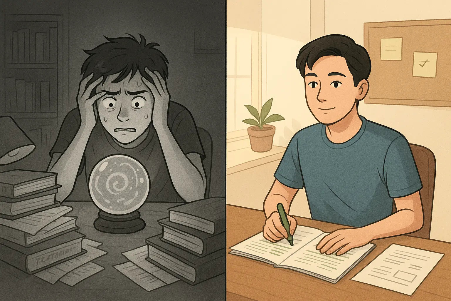 Student comparing anxious crystal ball gazing with calm strategic analysis of past exam papers at organised desk