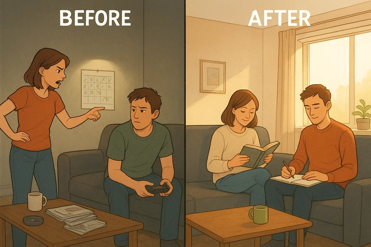A split-panel illustration showing a couple's transformation from tense and cluttered to calm and organised, demonstrating mutual respect and independence.