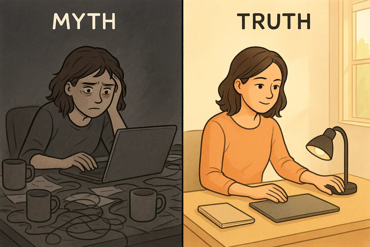 A woman focused at a clean, organised desk, switching on a lamp to start work in a calm, bright room.