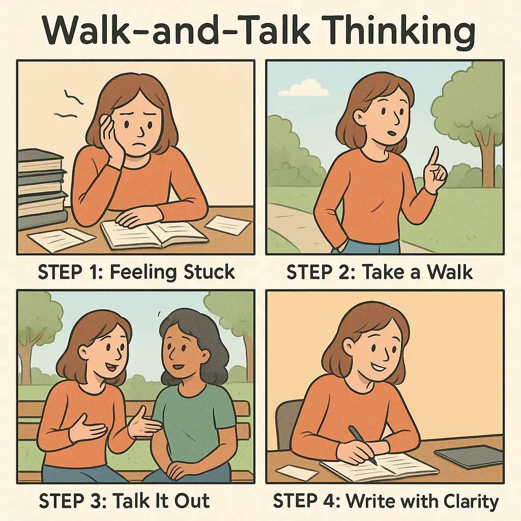 Four-panel comic showing a student's journey from desk confusion to writing clarity through walking and talking out her ideas