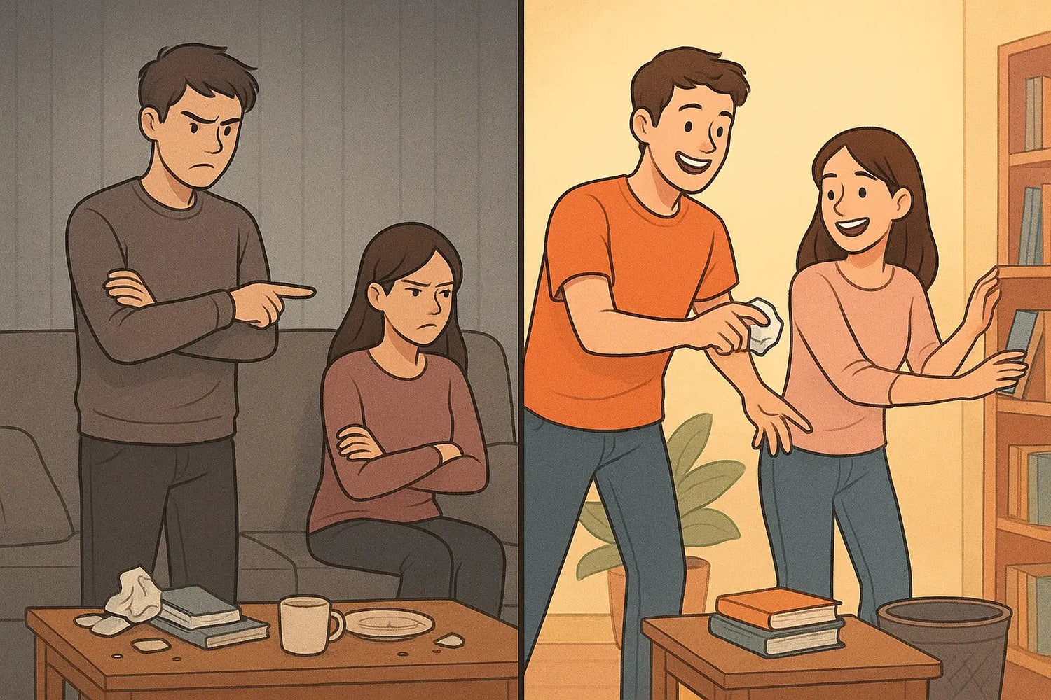 Side-by-side comparison showing tense argument over tidying versus playful cooperation, illustrating effective neurodivergent tips for reducing resistance.