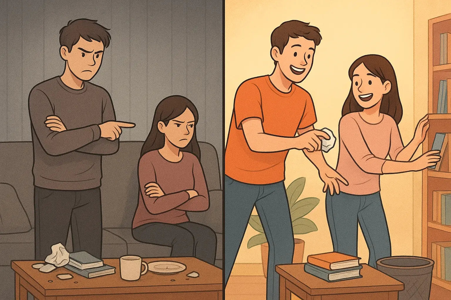 Side-by-side comparison showing tense argument over tidying versus playful cooperation, illustrating effective neurodivergent tips for reducing resistance.