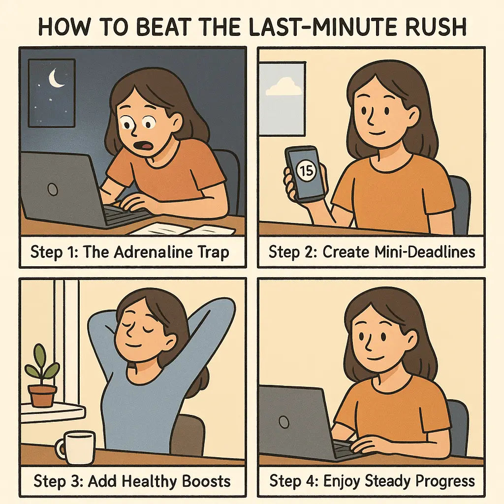 Four-panel comic showing woman transitioning from stressed late-night work to calm, organised productivity with mini-deadlines