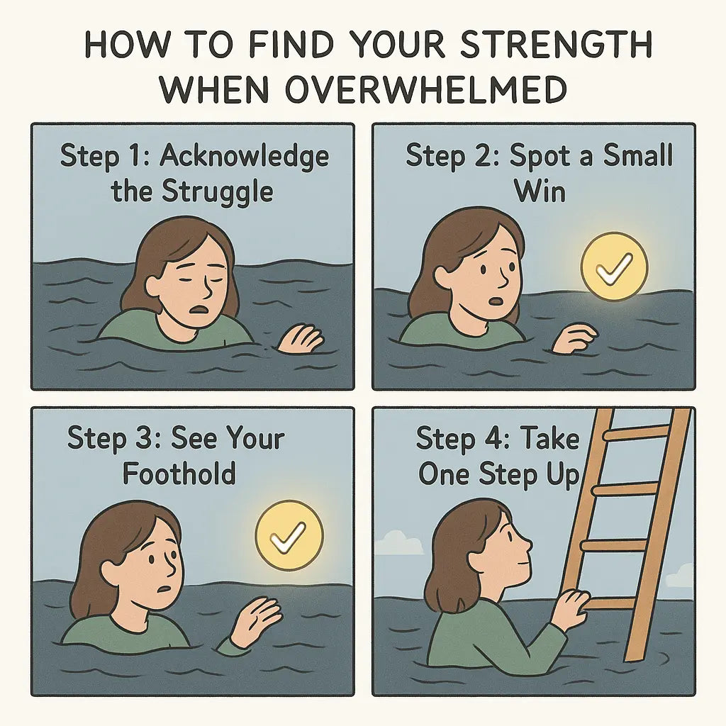 Four-panel comic showing a woman finding strength: treading water, spotting a win, grabbing a ladder rung, and climbing upwards.