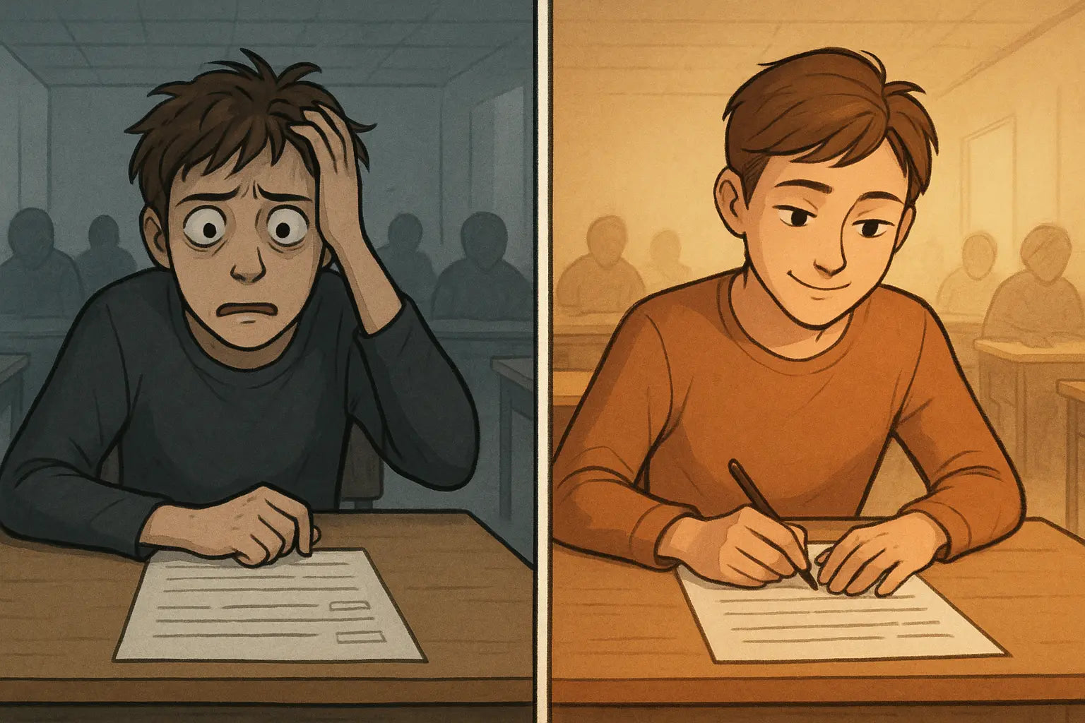 Split panel showing a student's transformation from exam panic to confident focus in the same exam hall setting