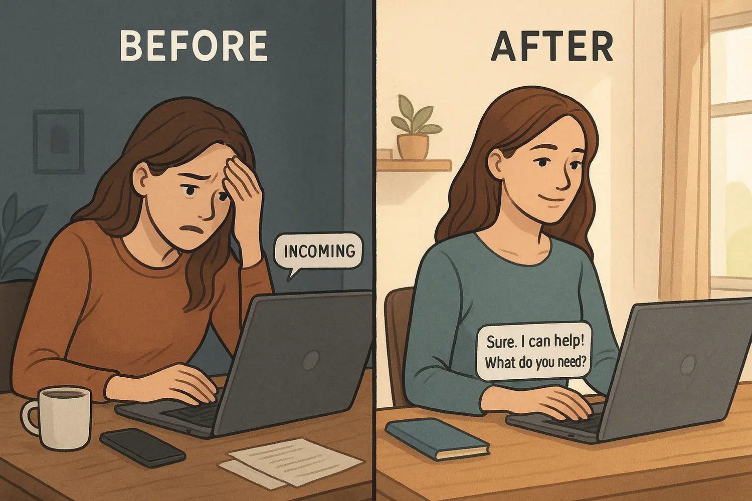 Split-panel illustration showing a woman's transformation from stressed at a cluttered desk to calm and organised while sending a quick work reply.