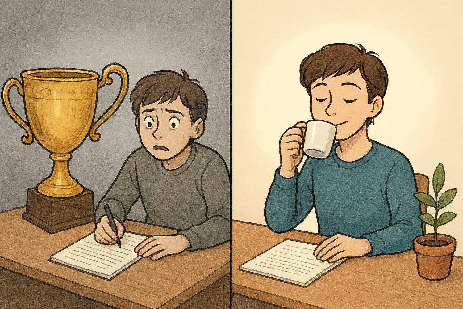 Student comparing oversized trophy for small task with simple tea break for same task in side-by-side illustration