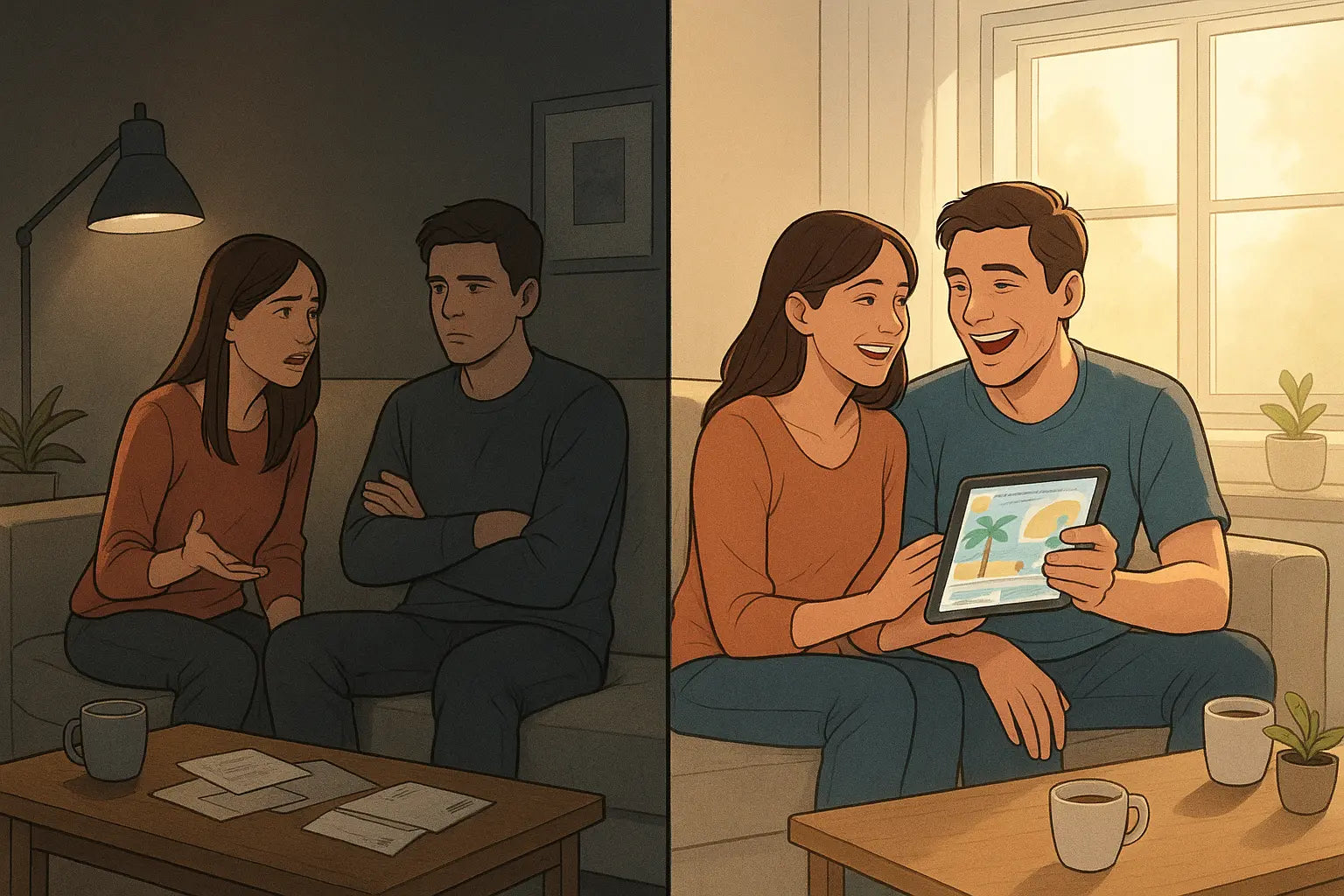 Split illustration of couple transforming from distant on sofa to laughing together in bright room celebrating neurodivergent strengths