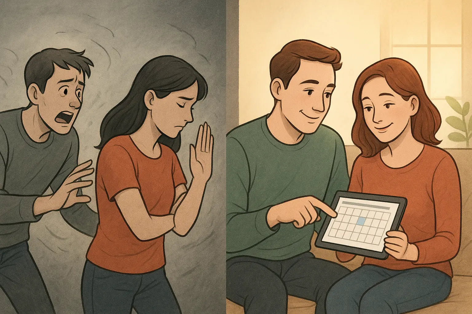 A comparison showing a stressed couple in a chase-and-hide dynamic versus the same couple calmly scheduling talk time together on a tablet.