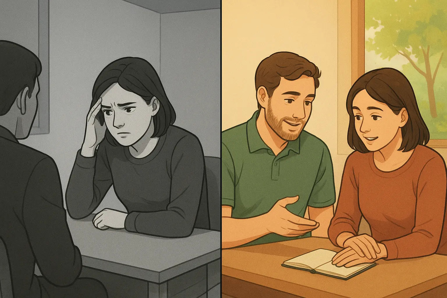 A woman at a neurodivergent evaluation, alone and stressed on the left, then calm and supported by her partner on the right.