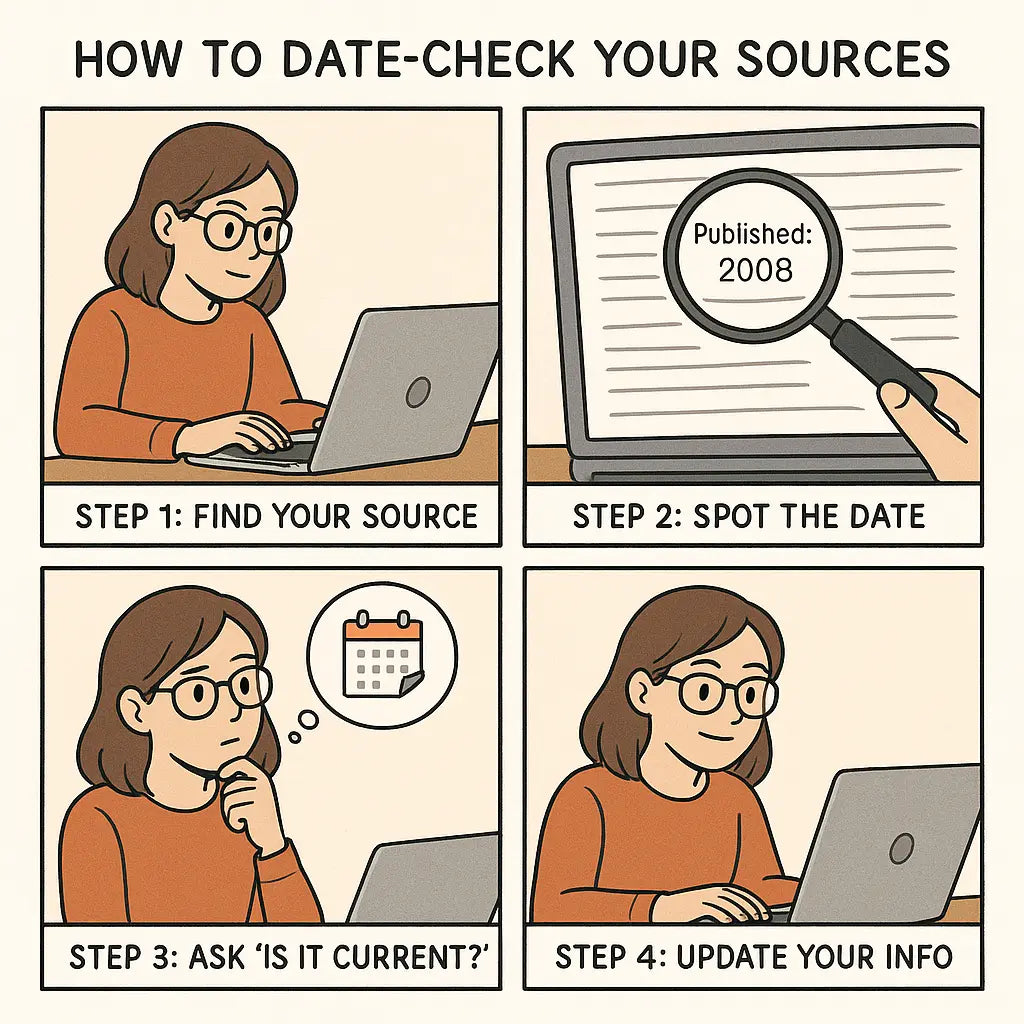 Four-panel comic showing a student checking source dates, spotting old information, and finding a current source with satisfaction