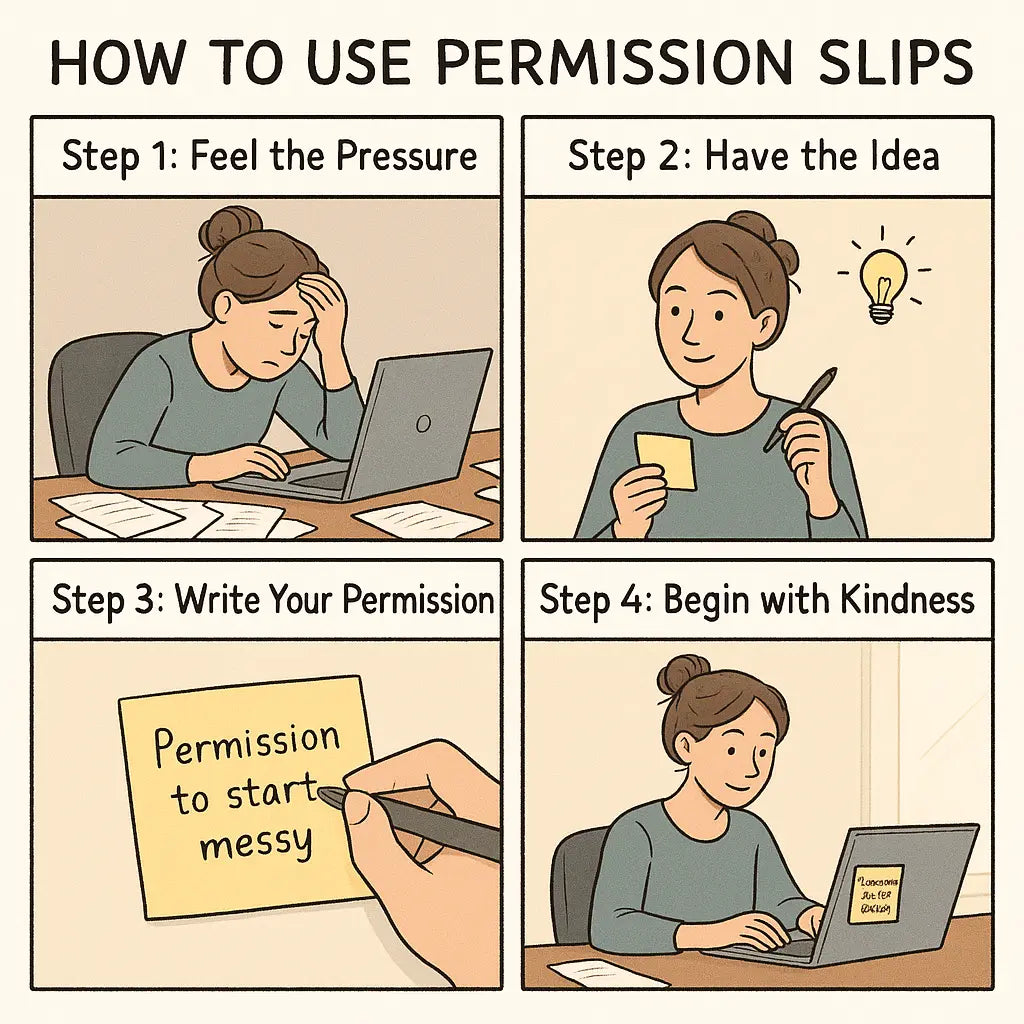 Four-panel comic showing a woman writing herself a permission slip, moving from overwhelm at her desk to calm, focused work with self-compassion.