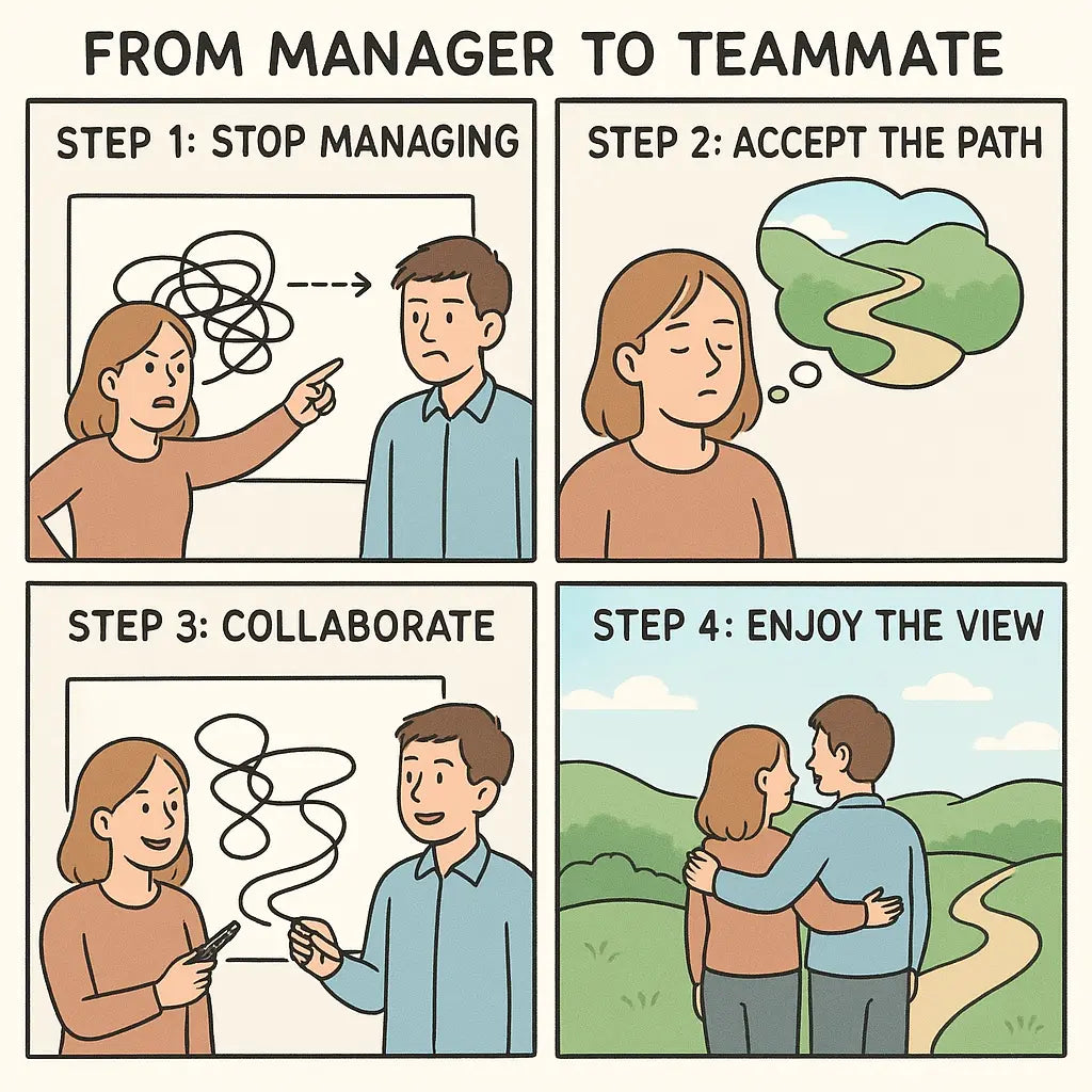 A four-panel comic showing a couple's journey from frustration over non-linear progress to happy collaboration, moving from manager-teammate dynamic to partnership.