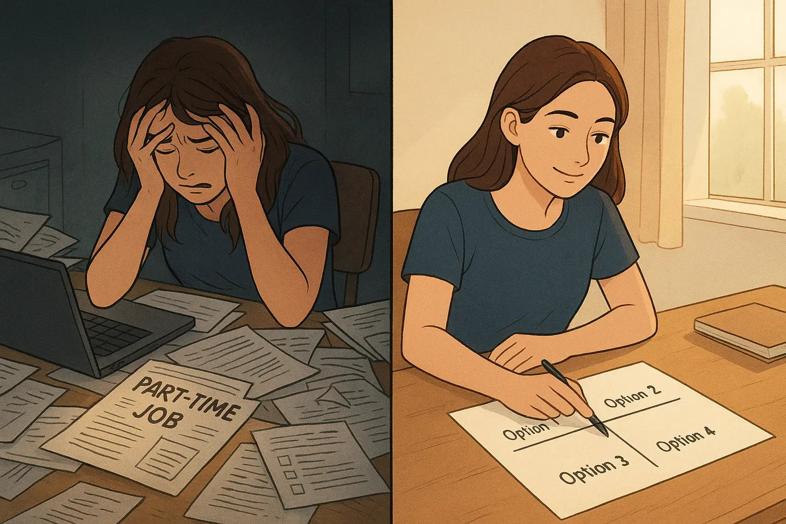 University student transforming from overwhelmed to confident using a decision matrix at her organised desk with morning light streaming in