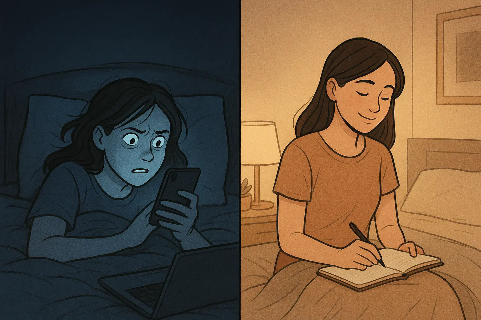 Split-panel showing a woman stressed with phone in bed, then calm and journaling in the same room with warm lighting.