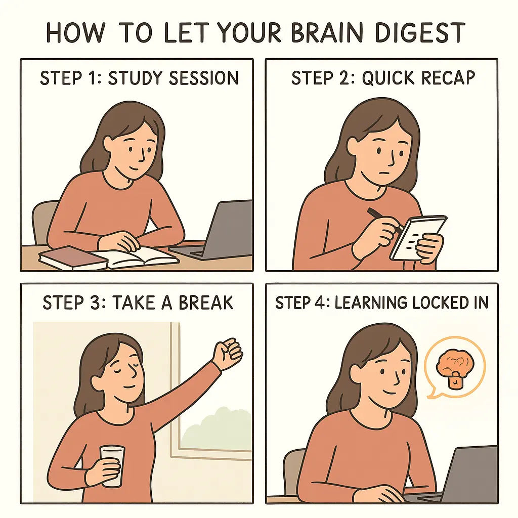 Four-panel comic showing a student studying, recapping notes, taking a break, and confidently retaining knowledge with a glowing brain icon