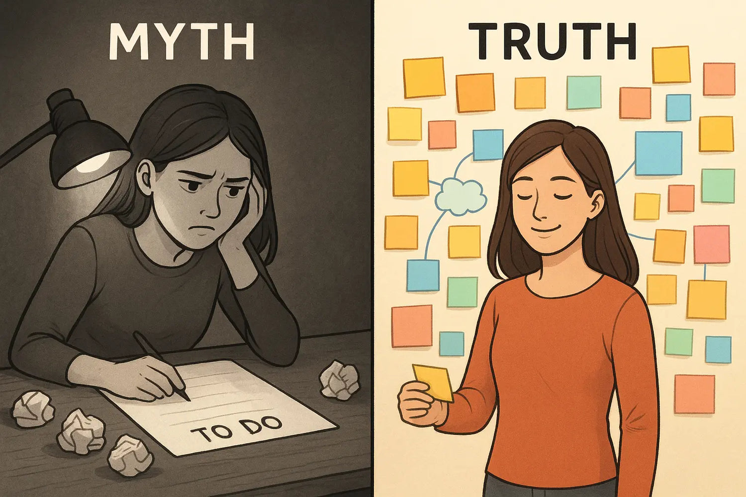 A woman confidently choosing from colourful sticky notes on a wall, illustrating neurodivergent planning strategies