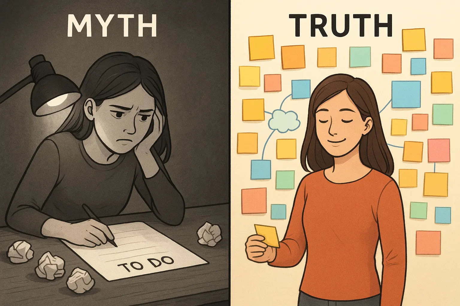 A woman confidently choosing from colourful sticky notes on a wall, illustrating neurodivergent planning strategies