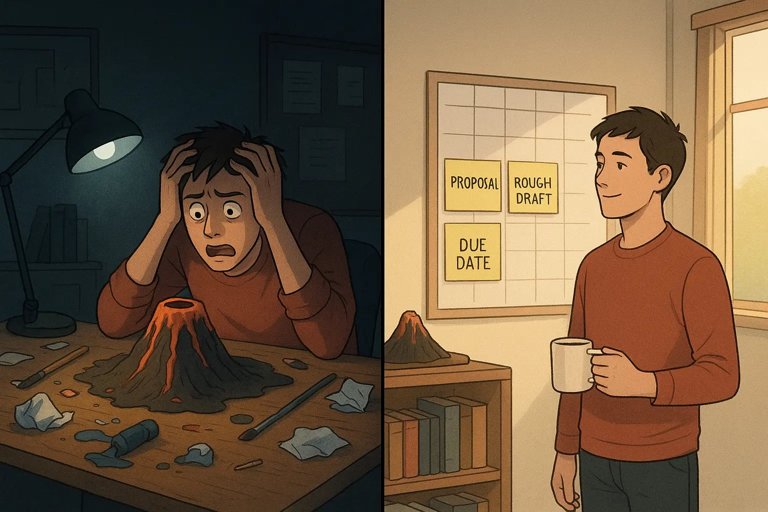Split panel showing a stressed student rushing a project versus the same calm student with an organised backward timeline on their wall.