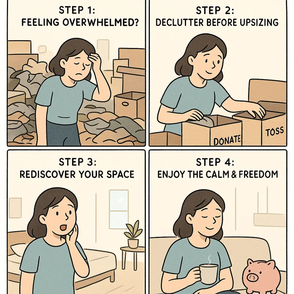 Four-panel comic showing a woman's journey from cluttered chaos to peaceful calm through strategic downsizing and organisation