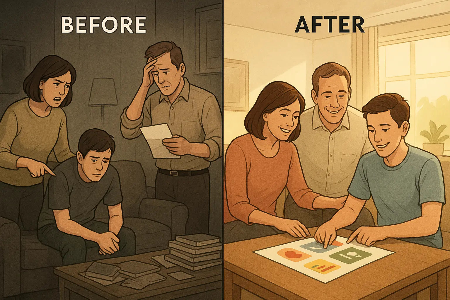 Split panel showing a family's transformation from a cluttered, tense room to a bright, organised space with parents and son collaborating around a strengths chart.
